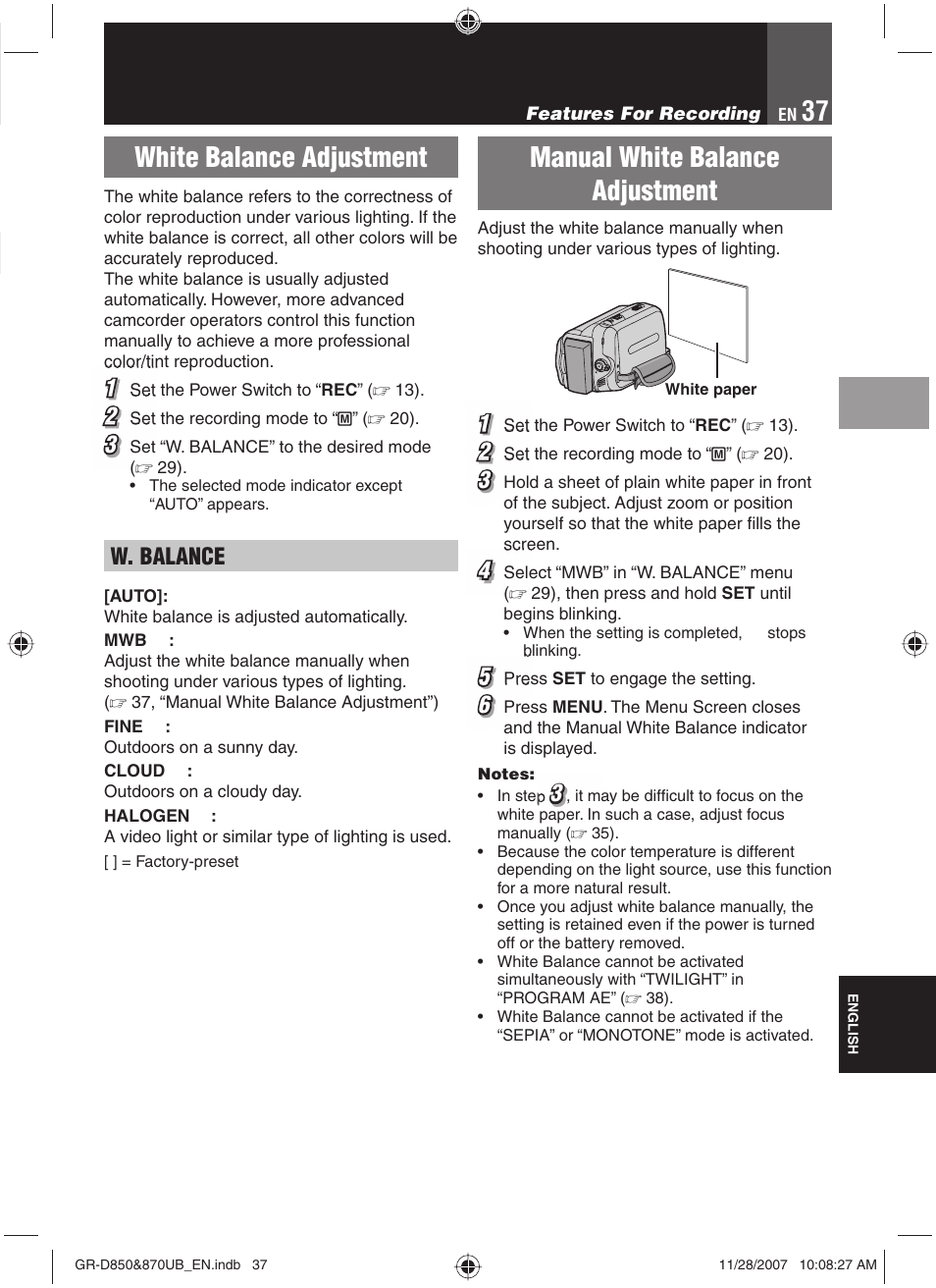 White balance adjustment, Manual white balance adjustment, W. balance | JVC GR-D850 GR-D870 User Manual | Page 37 / 52