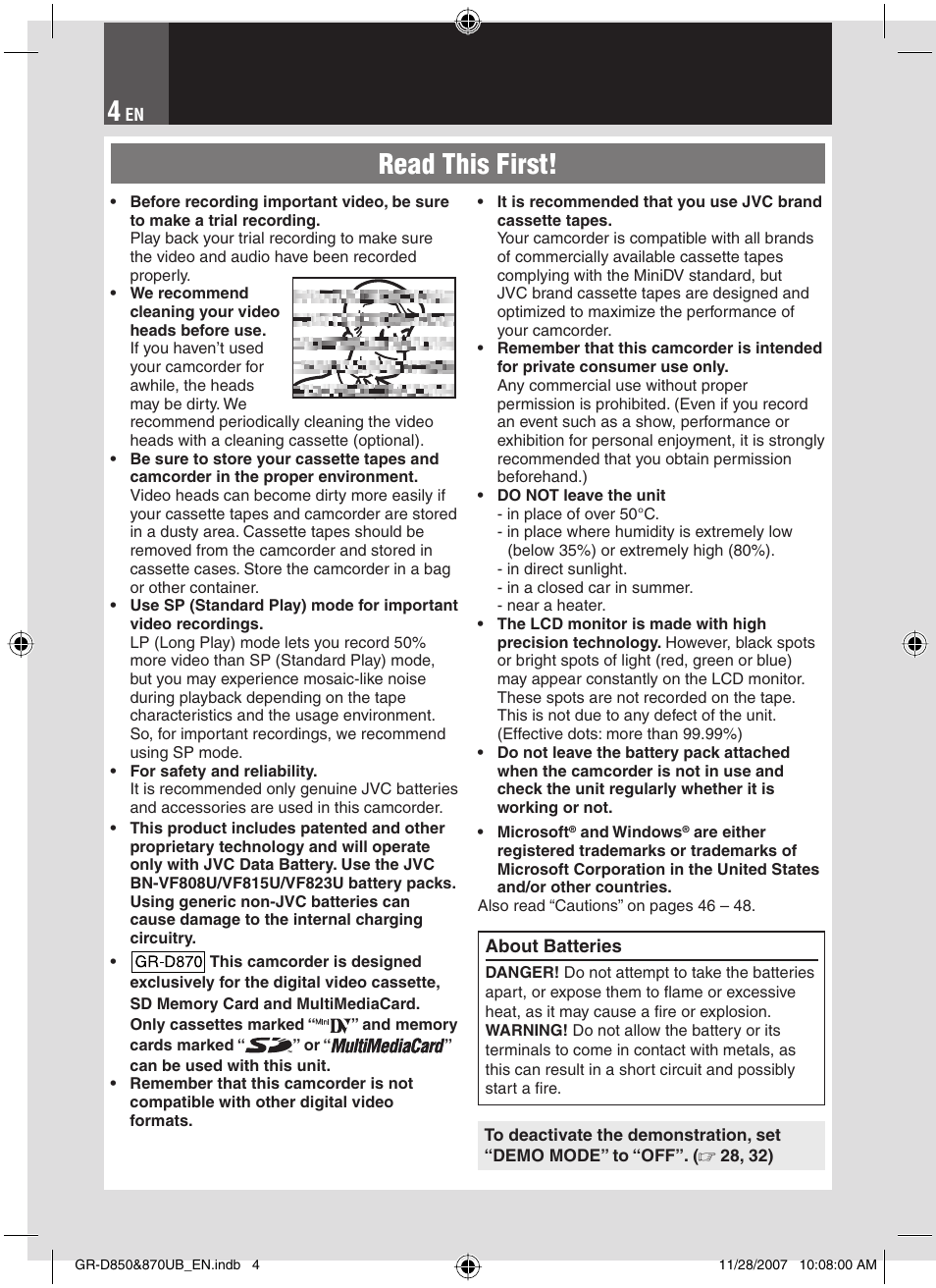 Read this first | JVC GR-D850 GR-D870 User Manual | Page 4 / 52