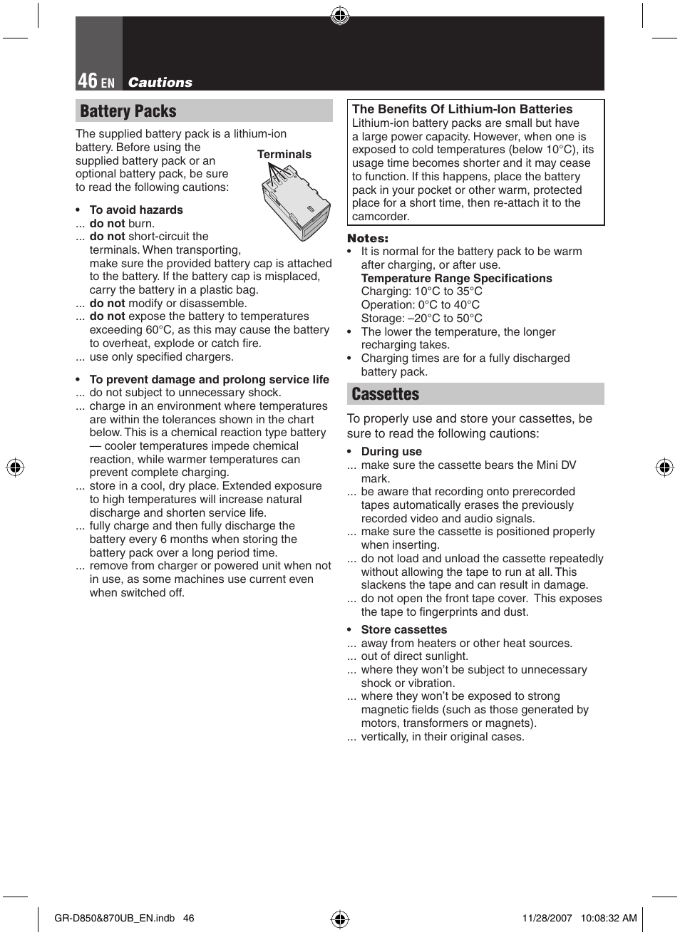 Cautions, Battery packs, Cassettes | JVC GR-D850 GR-D870 User Manual | Page 46 / 52