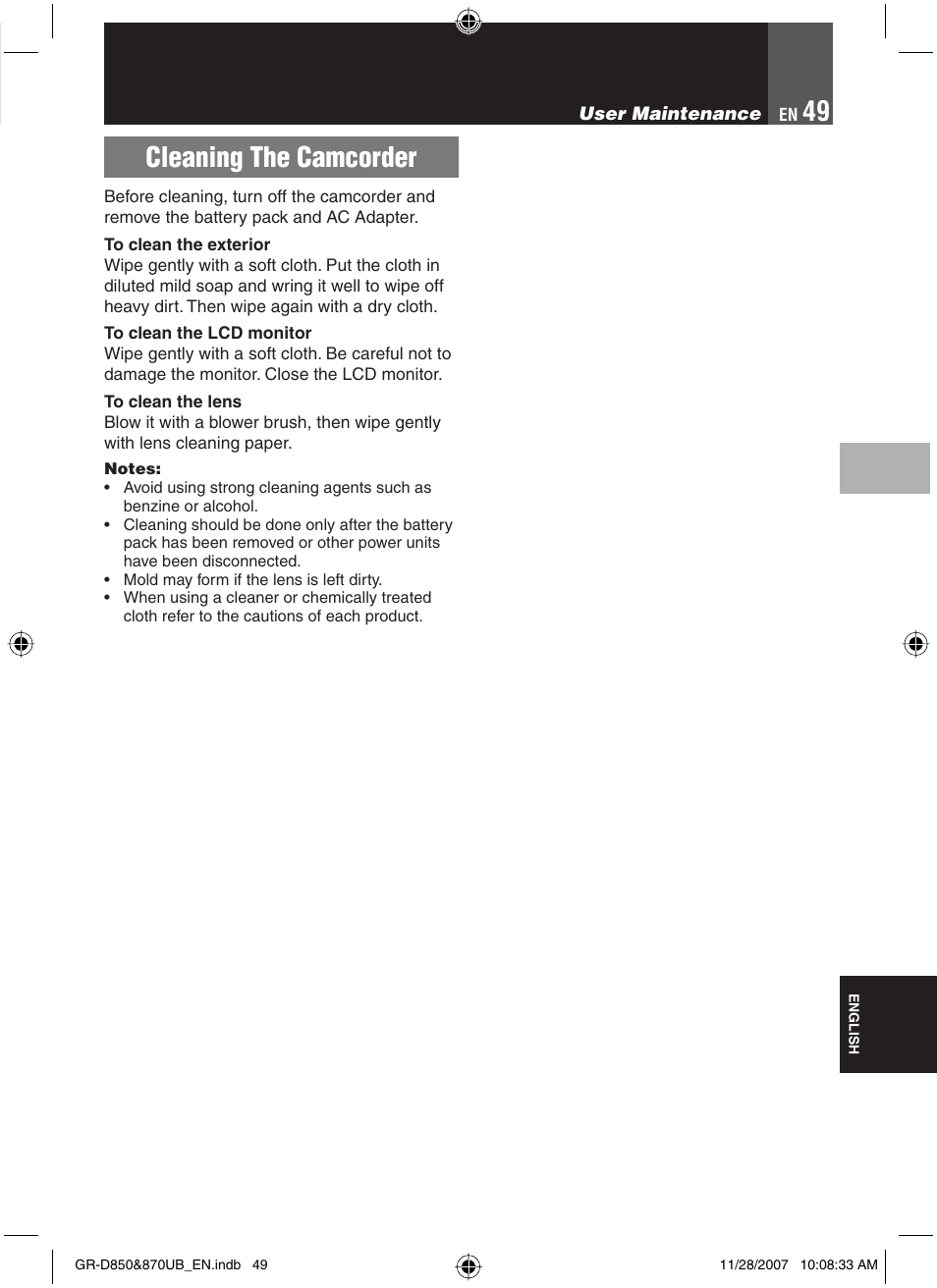 User maintenance, Cleaning the camcorder | JVC GR-D850 GR-D870 User Manual | Page 49 / 52