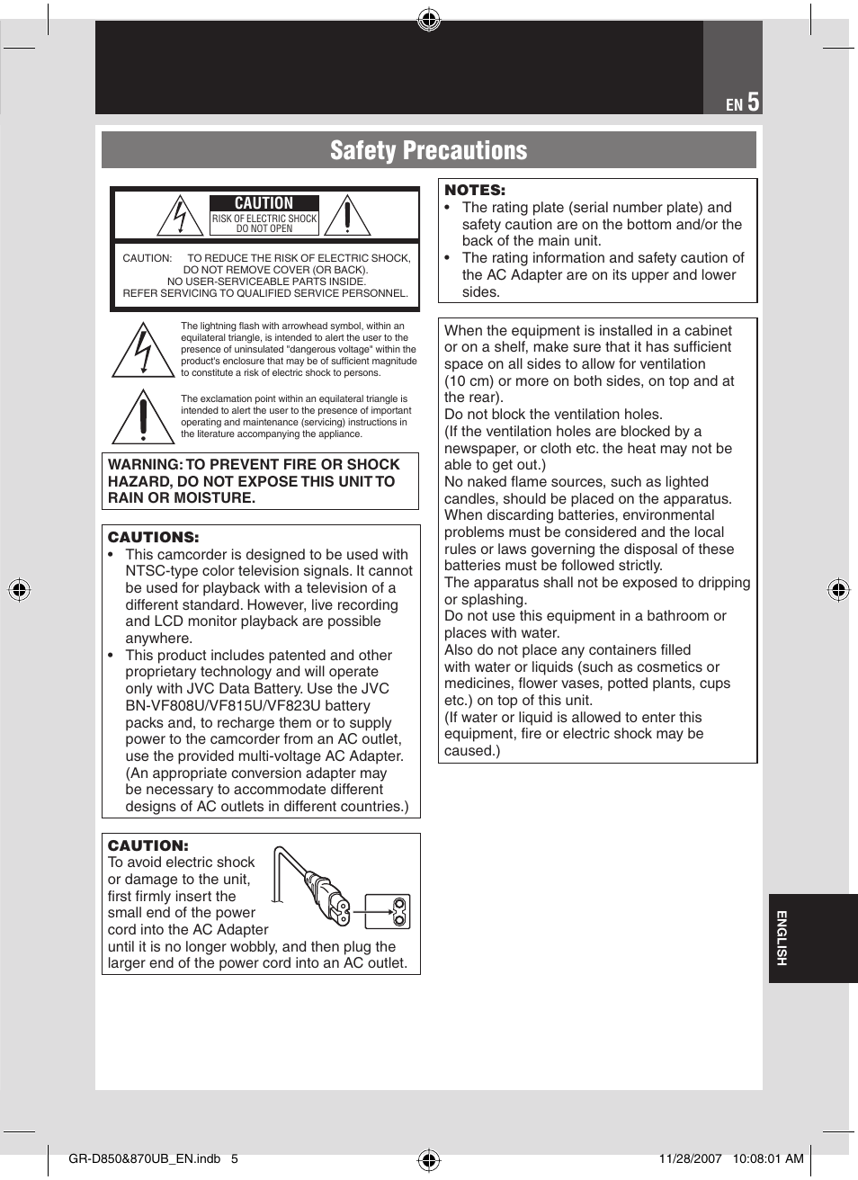 Safety precautions | JVC GR-D850 GR-D870 User Manual | Page 5 / 52