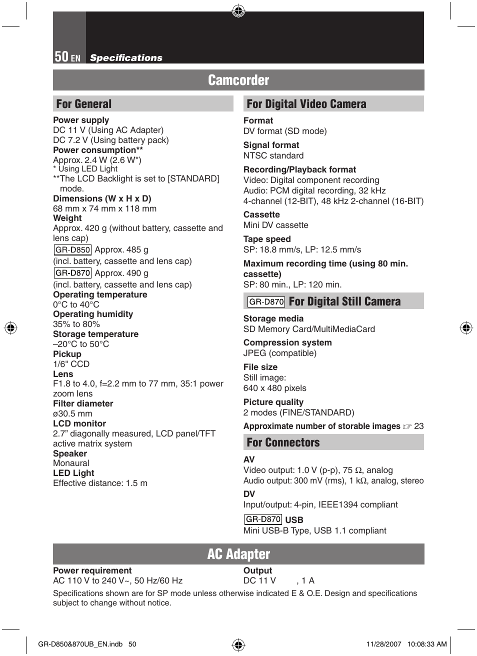 Specifi cations, Camcorder, Ac adapter | For general, For digital video camera, For digital still camera, For connectors | JVC GR-D850 GR-D870 User Manual | Page 50 / 52