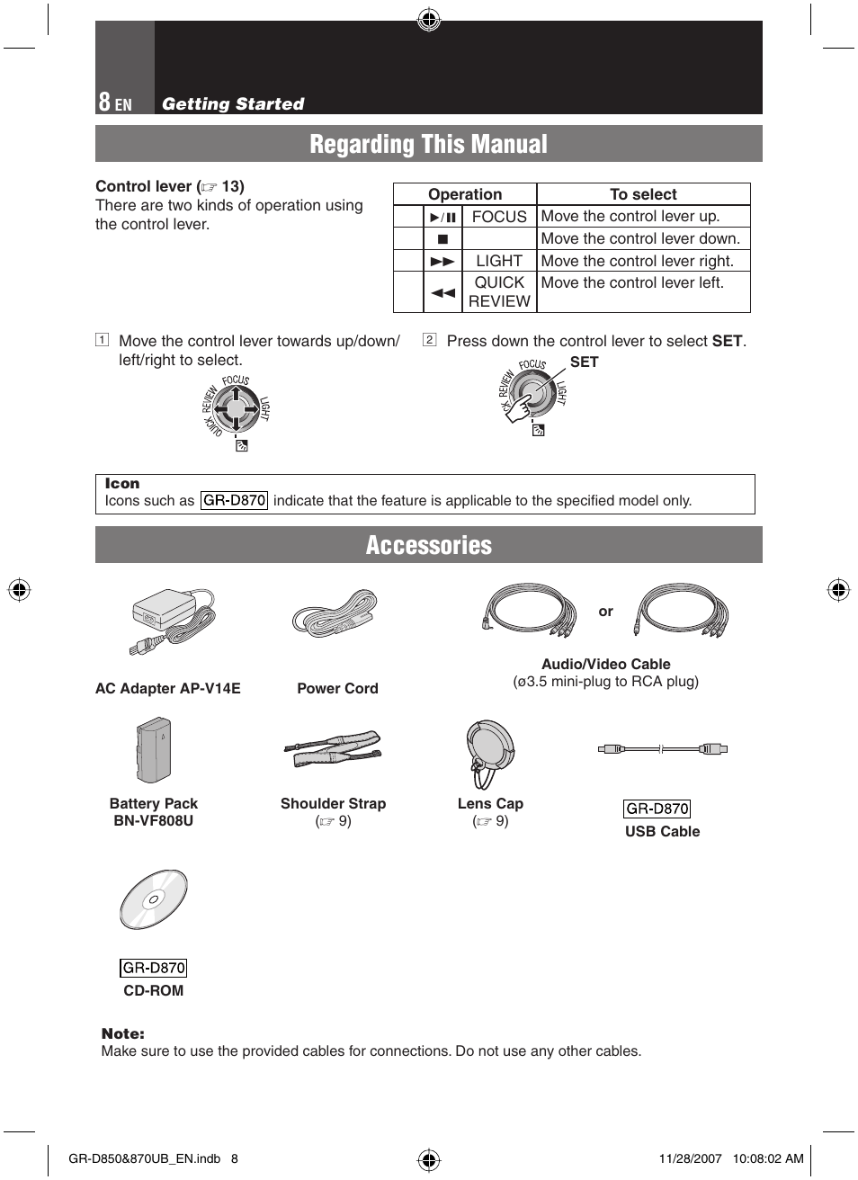 Getting started, Regarding this manual, Accessories | JVC GR-D850 GR-D870 User Manual | Page 8 / 52