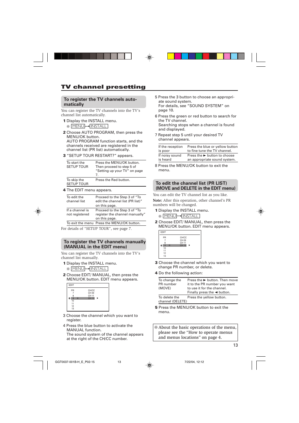 Tv channel presetting | JVC AV-21CMT4 User Manual | Page 13 / 16