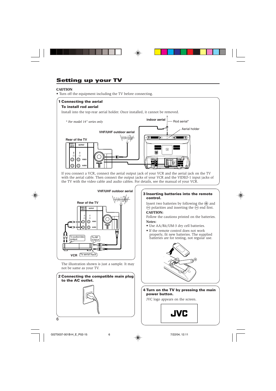 Setting up your tv, Video audio video-1 input output | JVC AV-21CMT4 User Manual | Page 6 / 16