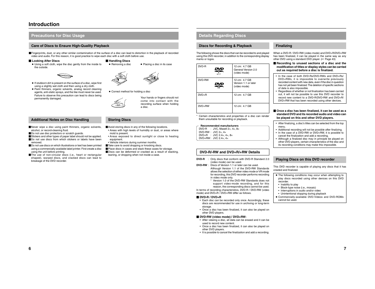 Introduction, Precautions for disc usage, 7details regarding discs | JVC 240-020-505 User Manual | Page 10 / 46