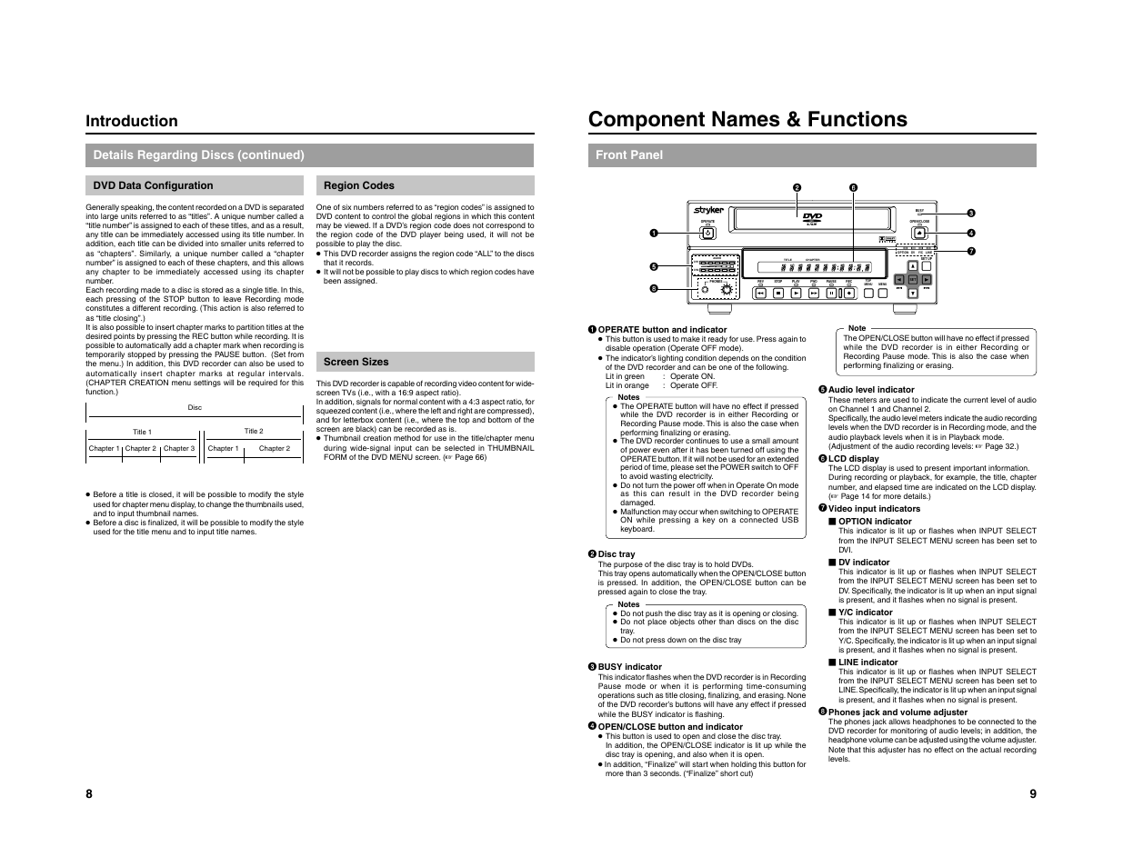 Component names & functions, Introduction, Details regarding discs (continued) | Front panel | JVC 240-020-505 User Manual | Page 11 / 46