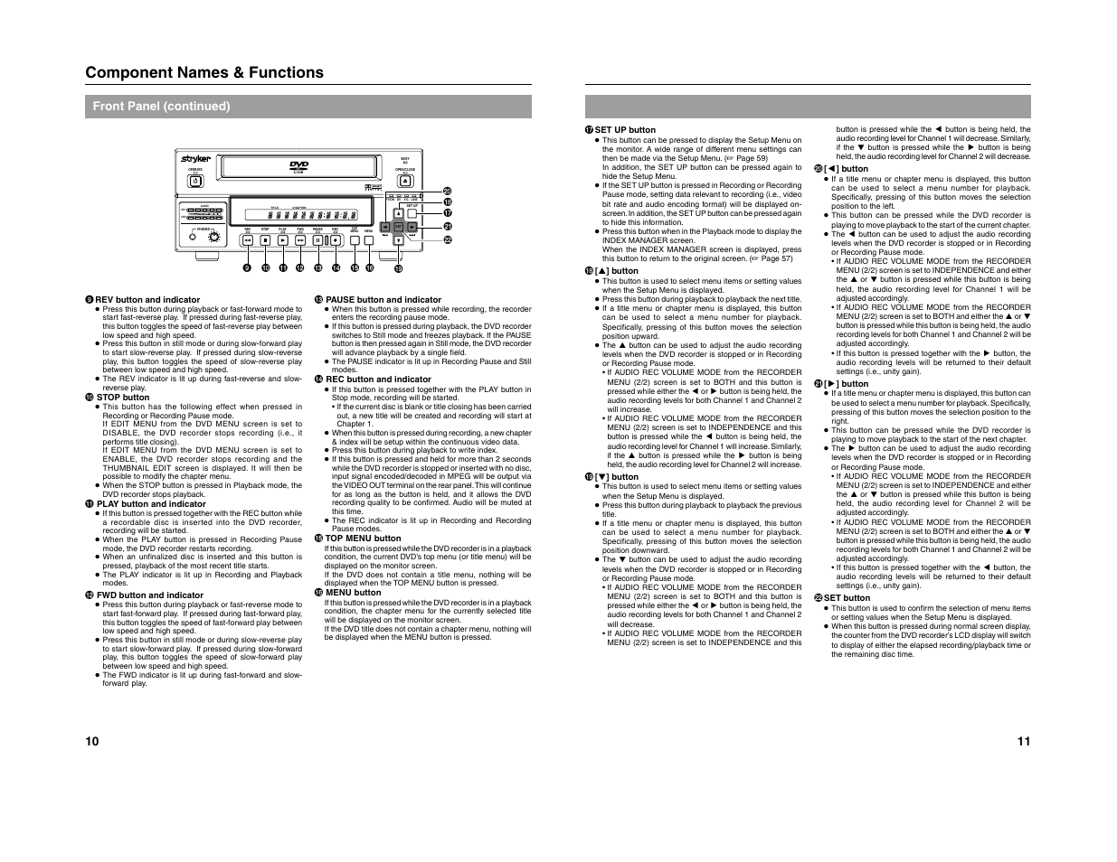 Component names & functions, Front panel (continued) | JVC 240-020-505 User Manual | Page 12 / 46