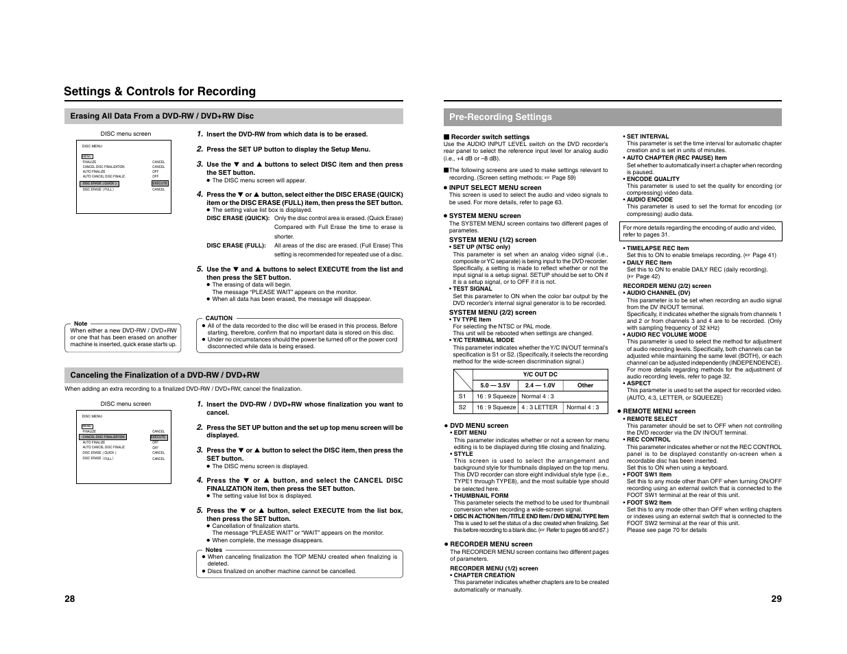 Settings & controls for recording, 29 pre-recording settings | JVC 240-020-505 User Manual | Page 21 / 46