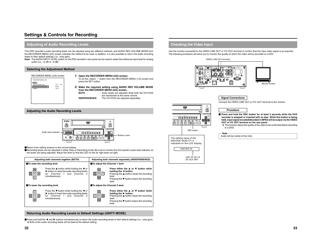 Option dv y/c line, Title dolby digital lpcm mpeg chapter, Settings & controls for recording | Adjusting of audio recording levels, 33 checking the video input | JVC 240-020-505 User Manual | Page 23 / 46