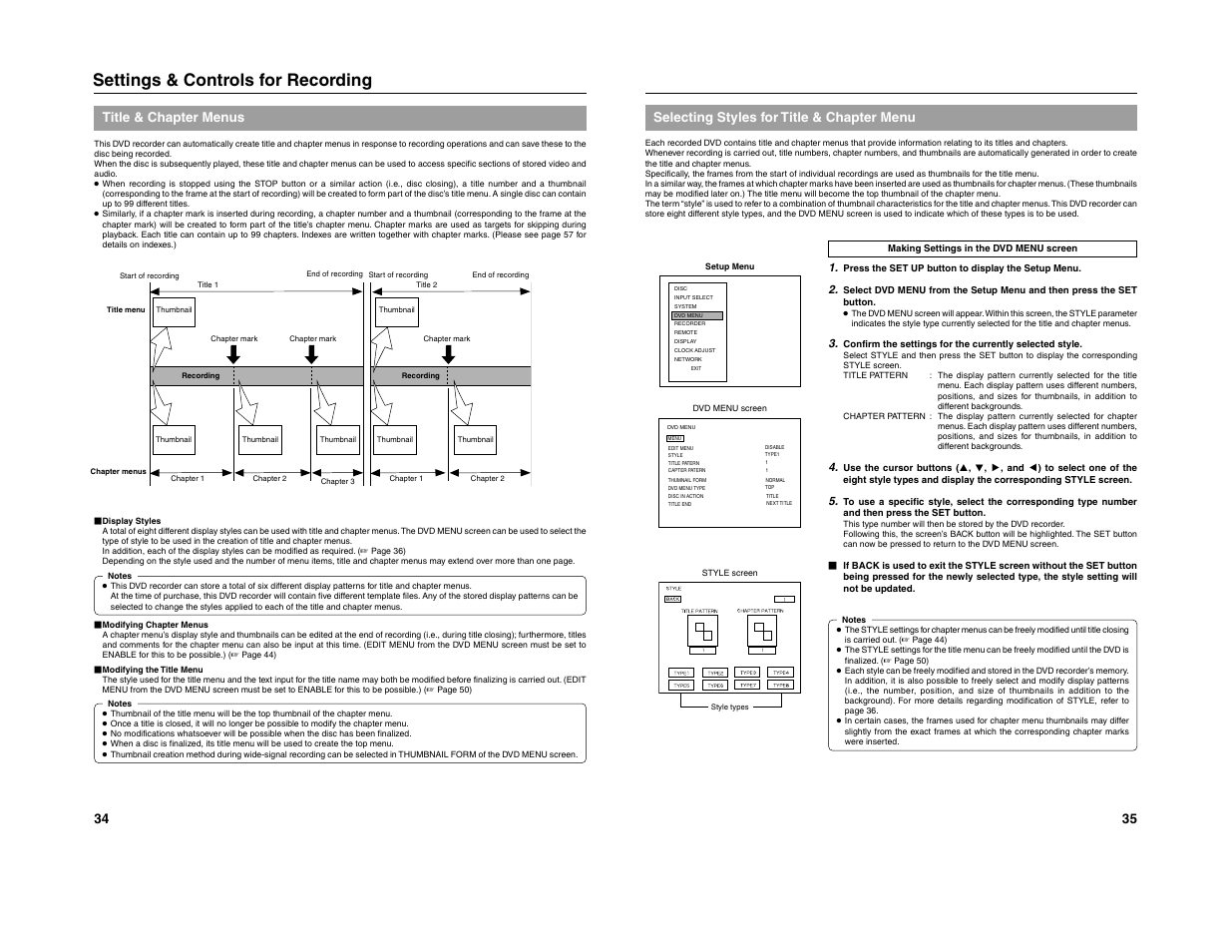 Settings & controls for recording, Title & chapter menus, 35 selecting styles for title & chapter menu | JVC 240-020-505 User Manual | Page 24 / 46