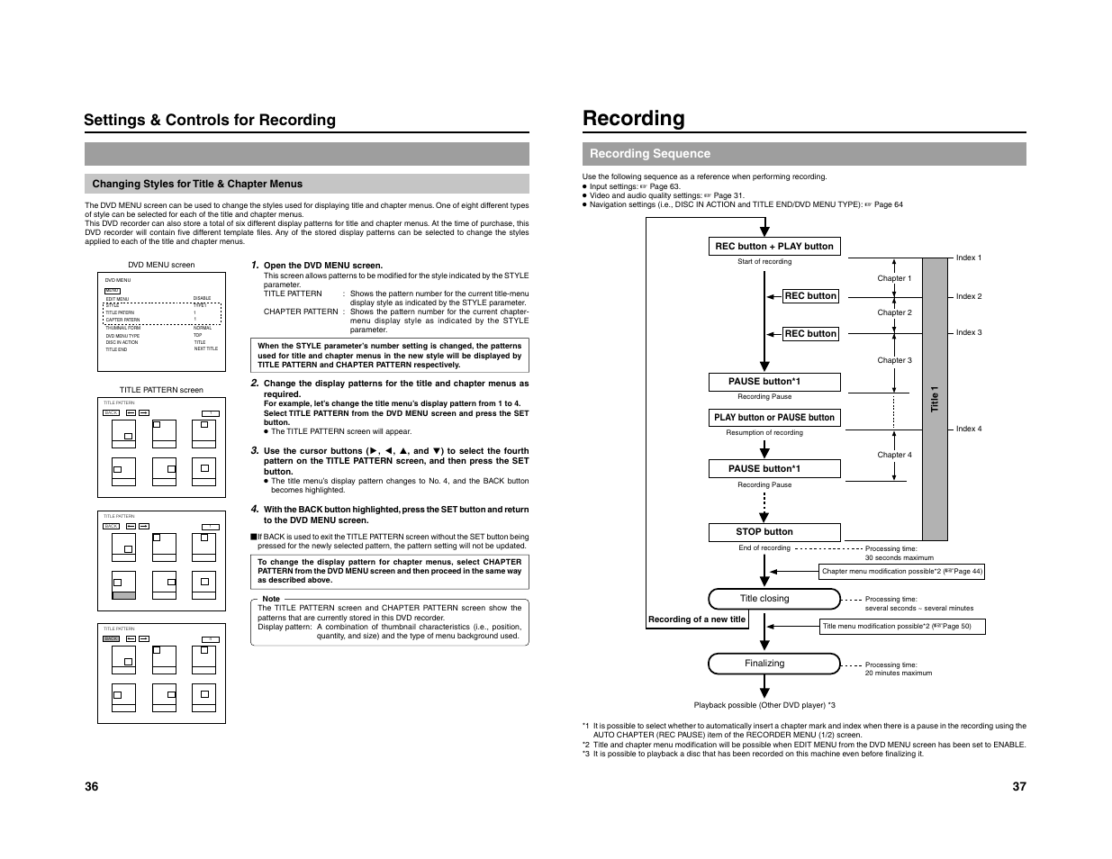 Recording, Settings & controls for recording, Recording sequence | JVC 240-020-505 User Manual | Page 25 / 46
