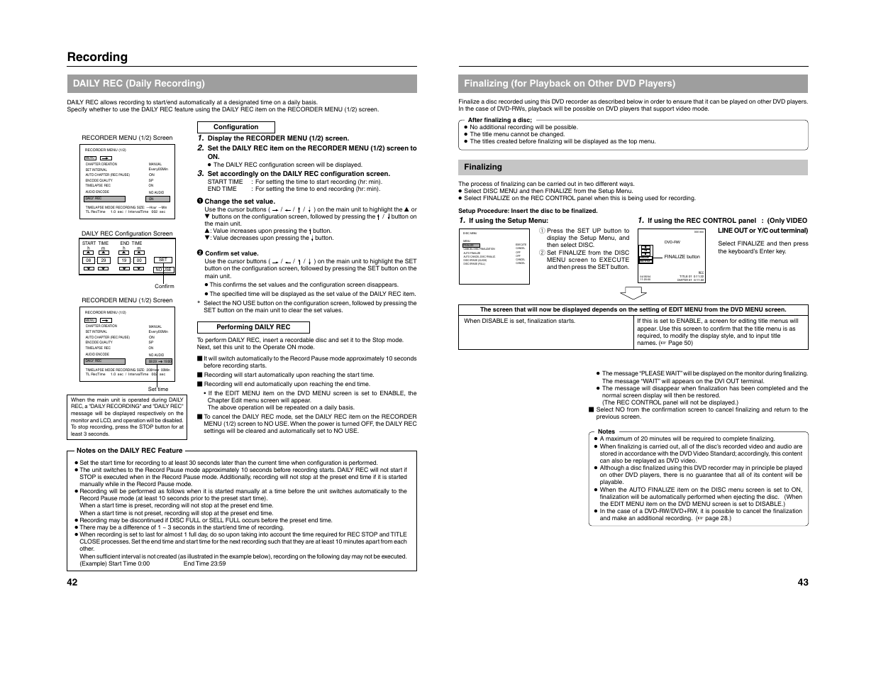 Recording, Daily rec (daily recording), 43 finalizing (for playback on other dvd players) | JVC 240-020-505 User Manual | Page 28 / 46