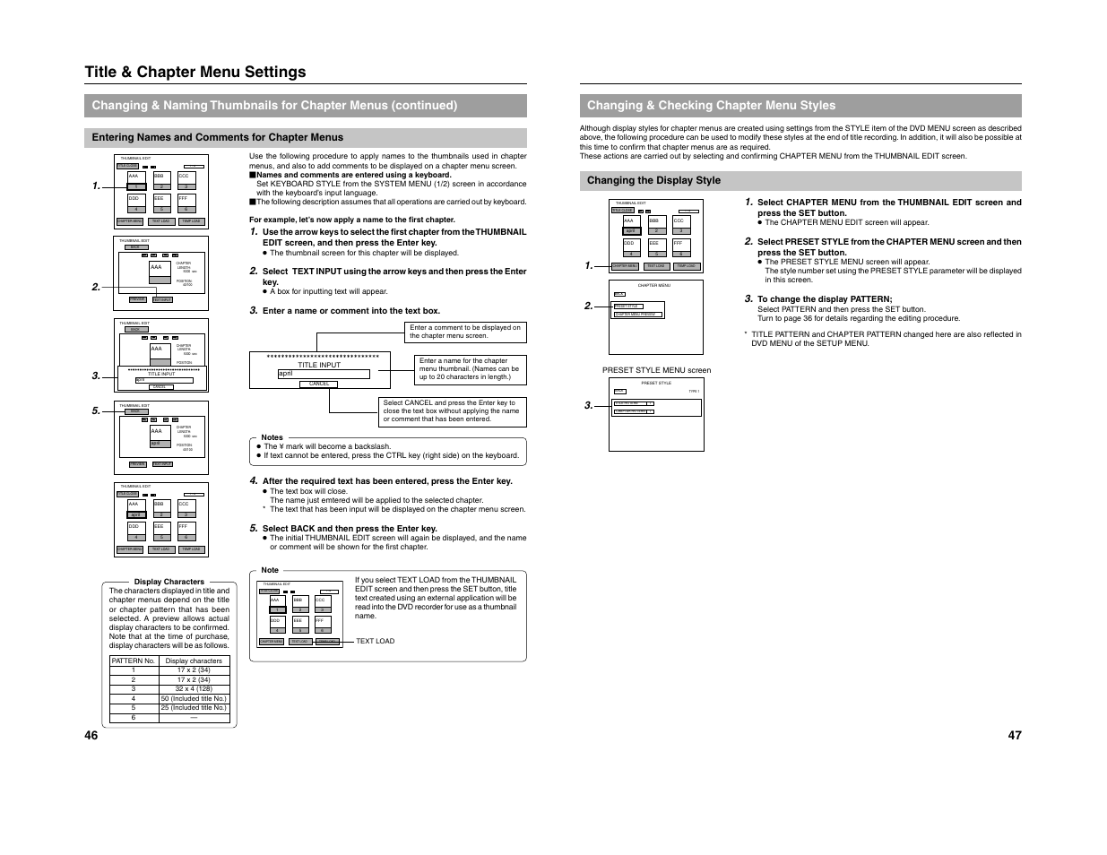 Title & chapter menu settings, 47 changing & checking chapter menu styles, Entering names and comments for chapter menus | Changing the display style | JVC 240-020-505 User Manual | Page 30 / 46