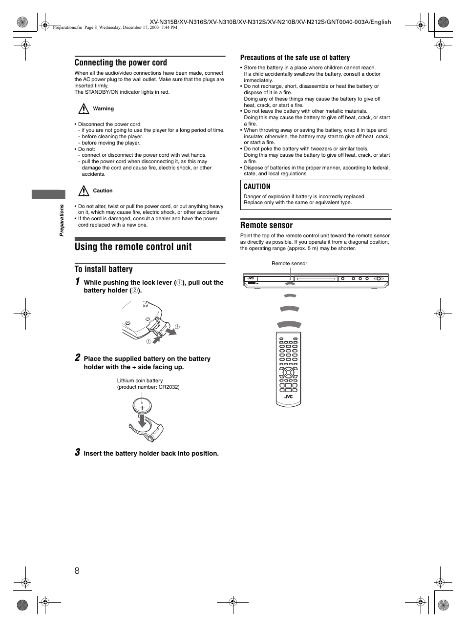 Using the remote control unit, Connecting the power cord, Remote sensor | JVC XV-N212S  EN User Manual | Page 10 / 38