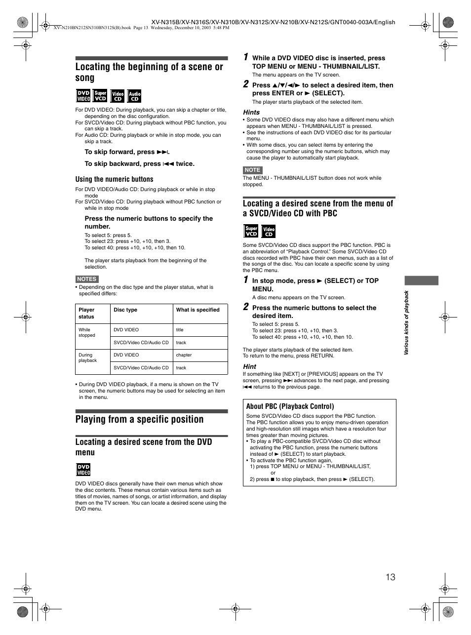 Locating the beginning of a scene or song, Playing from a specific position, Locating a desired scene from the dvd menu | JVC XV-N212S  EN User Manual | Page 15 / 38