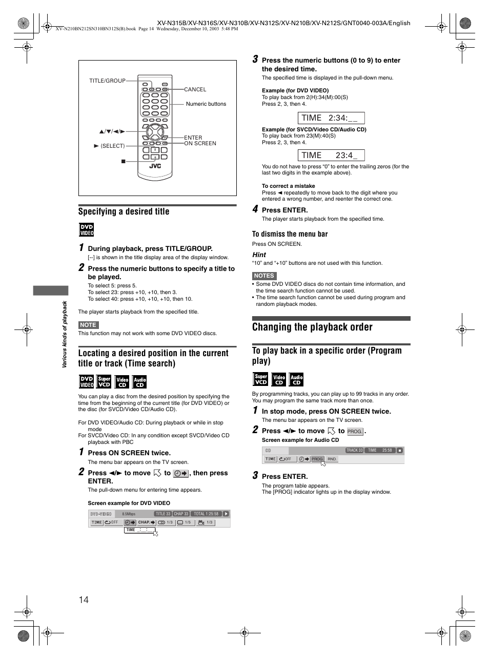 Changing the playback order, Specifying a desired title | JVC XV-N212S  EN User Manual | Page 16 / 38