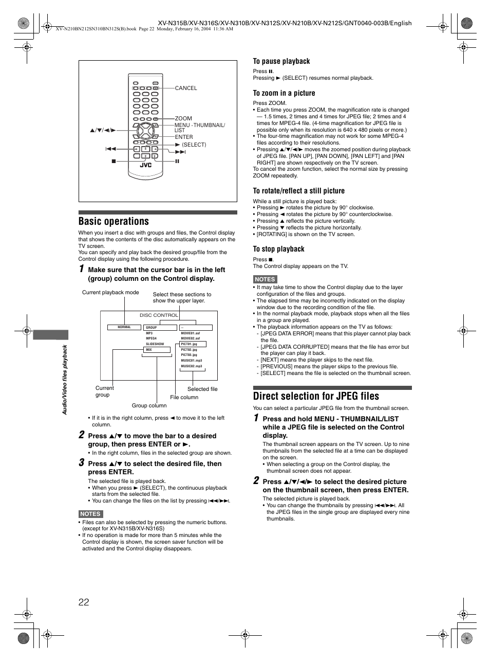 Basic operations, Direct selection for jpeg files | JVC XV-N212S  EN User Manual | Page 24 / 38
