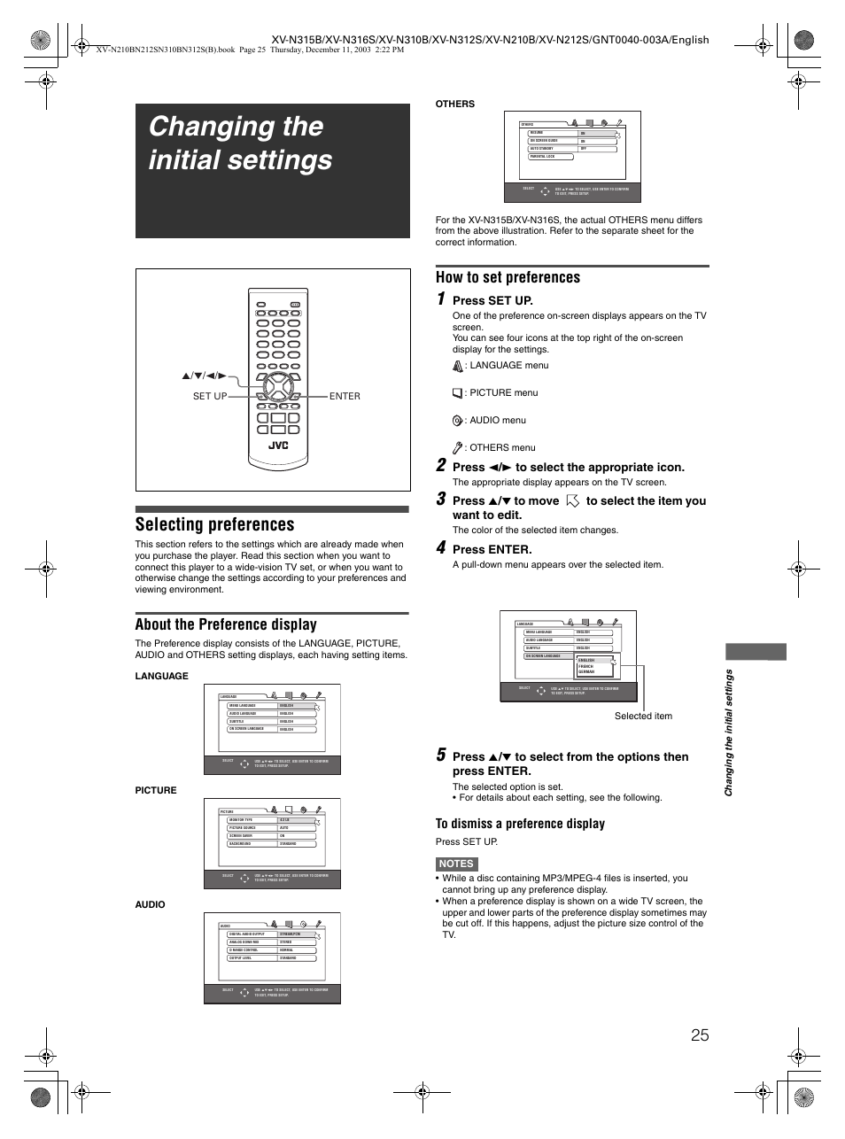 Changing the initial settings, Selecting preferences, About the preference display | How to set preferences, Press set up, Press 2 / 3 to select the appropriate icon, Press enter | JVC XV-N212S  EN User Manual | Page 27 / 38