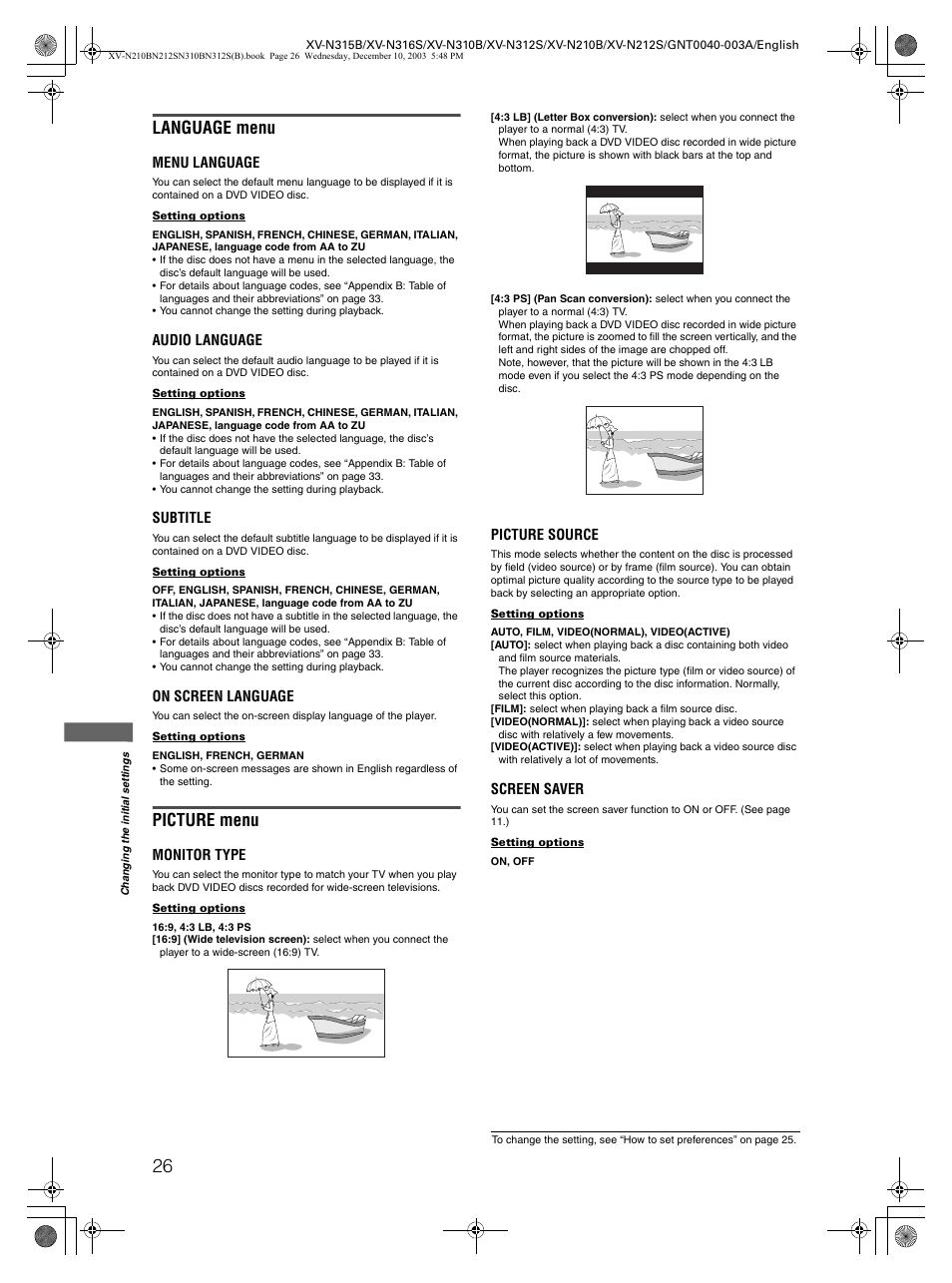 Language menu, Picture menu | JVC XV-N212S  EN User Manual | Page 28 / 38