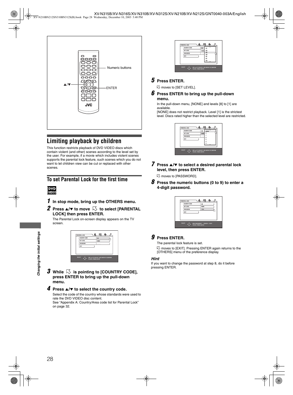 Limiting playback by children, Press 5 / ∞ to select the country code, Press enter | Press enter to bring up the pull-down menu, Hint | JVC XV-N212S  EN User Manual | Page 30 / 38