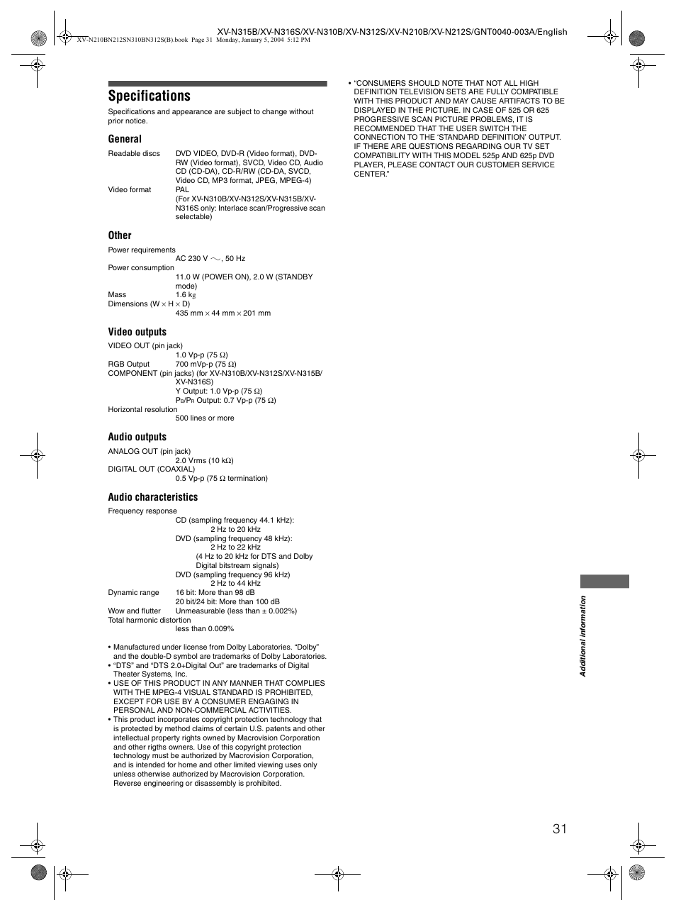 Specifications, General, Other | Video outputs, Audio outputs, Audio characteristics | JVC XV-N212S  EN User Manual | Page 33 / 38