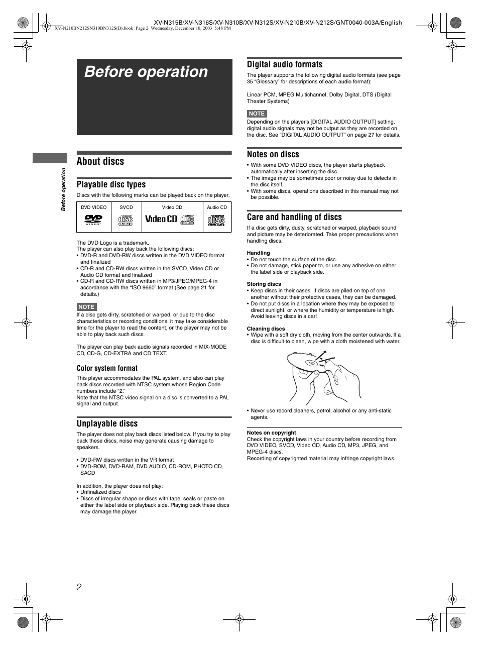 Before operation, About discs, Playable disc types | Unplayable discs, Digital audio formats, Care and handling of discs | JVC XV-N212S  EN User Manual | Page 4 / 38