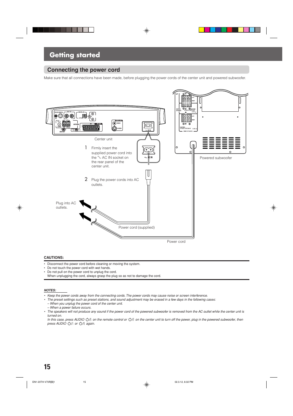 Getting started, Connecting the power cord | JVC TH-V70R User Manual | Page 20 / 84