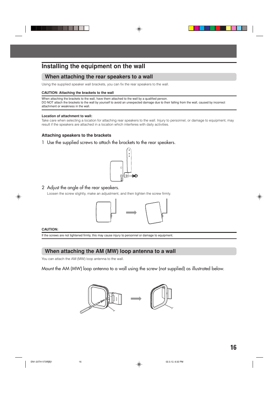 Installing the equipment on the wall, When attaching the rear speakers to a wall, When attaching the am (mw) loop antenna to a wall | JVC TH-V70R User Manual | Page 21 / 84