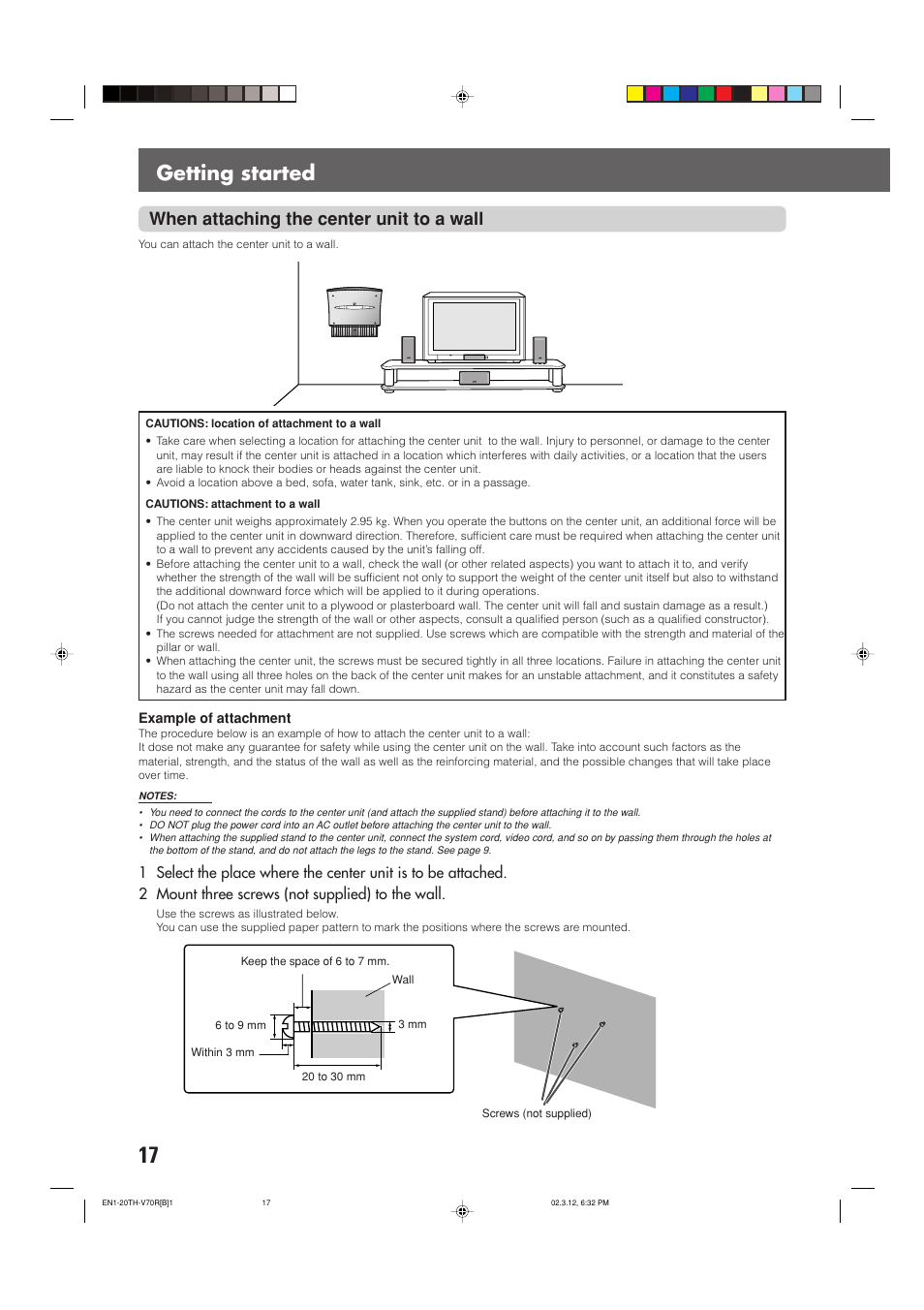 Getting started, When attaching the center unit to a wall | JVC TH-V70R User Manual | Page 22 / 84