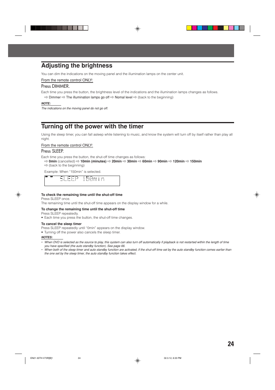 Adjusting the brightness, Turning off the power with the timer, Press dimmer | Press sleep | JVC TH-V70R User Manual | Page 29 / 84