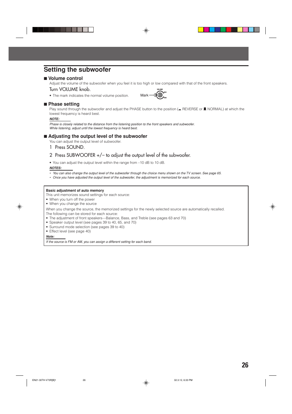 Setting the subwoofer, 7volume control, Turn volume knob | 7phase setting, 7adjusting the output level of the subwoofer | JVC TH-V70R User Manual | Page 31 / 84