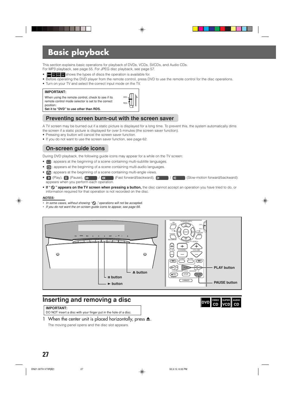 Basic playback, Inserting and removing a disc, Preventing screen burn-out with the screen saver | On-screen guide icons | JVC TH-V70R User Manual | Page 32 / 84