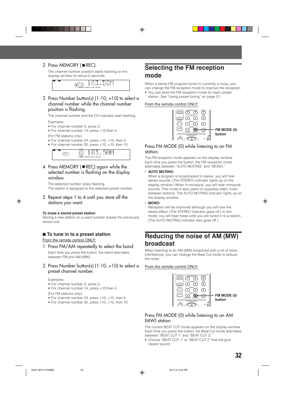 Selecting the fm reception mode, Reducing the noise of am (mw) broadcast, Rec) | 7to tune in to a preset station, 1 press fm/am repeatedly to select the band, Press fm mode (0) while listening to an fm station, Fm mode (0) button | JVC TH-V70R User Manual | Page 37 / 84