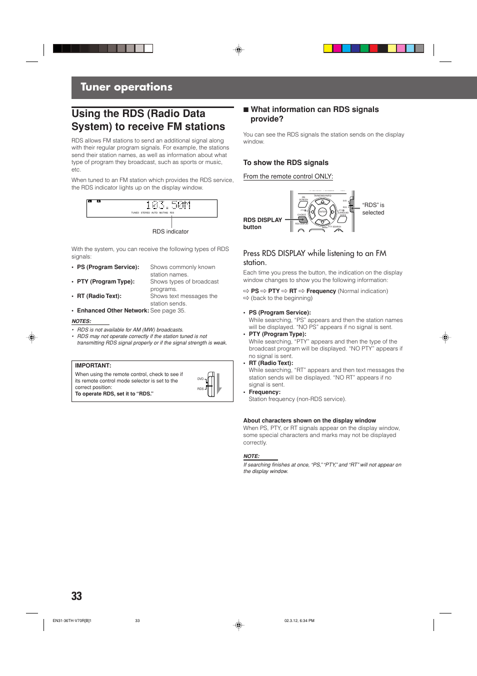 Tuner operations, 7what information can rds signals provide, Press rds display while listening to an fm station | JVC TH-V70R User Manual | Page 38 / 84