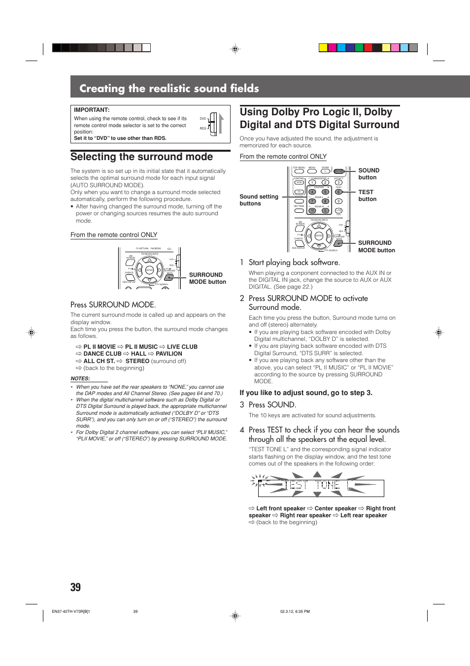 Press surround mode, 1 start playing back software, 2 press surround mode to activate surround mode | 3 press sound, If you like to adjust sound, go to step 3 | JVC TH-V70R User Manual | Page 44 / 84