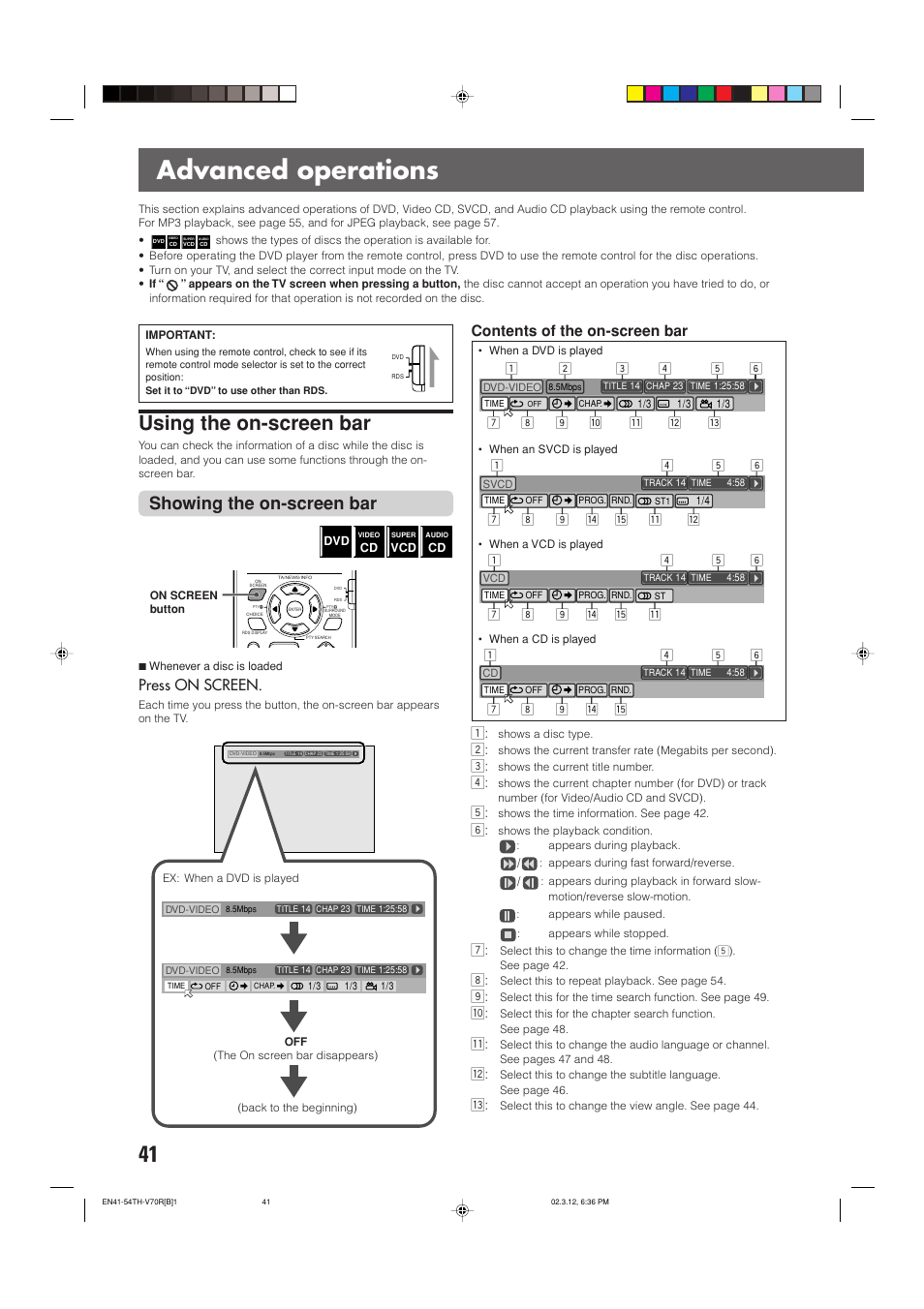 Advanced operations, Using the on-screen bar, Showing the on-screen bar | Press on screen, Contents of the on-screen bar | JVC TH-V70R User Manual | Page 46 / 84