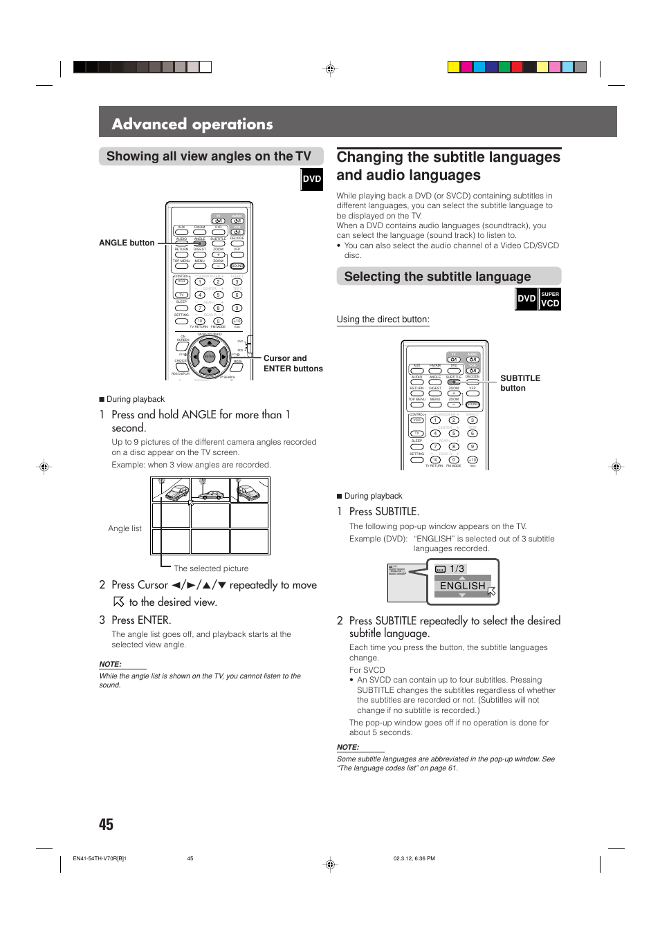 Advanced operations, Showing all view angles on the tv, Selecting the subtitle language | 1 press and hold angle for more than 1 second, 1 press subtitle, Using the direct button, English, 7during playback, Cursor and enter buttons angle button, Angle list | JVC TH-V70R User Manual | Page 50 / 84