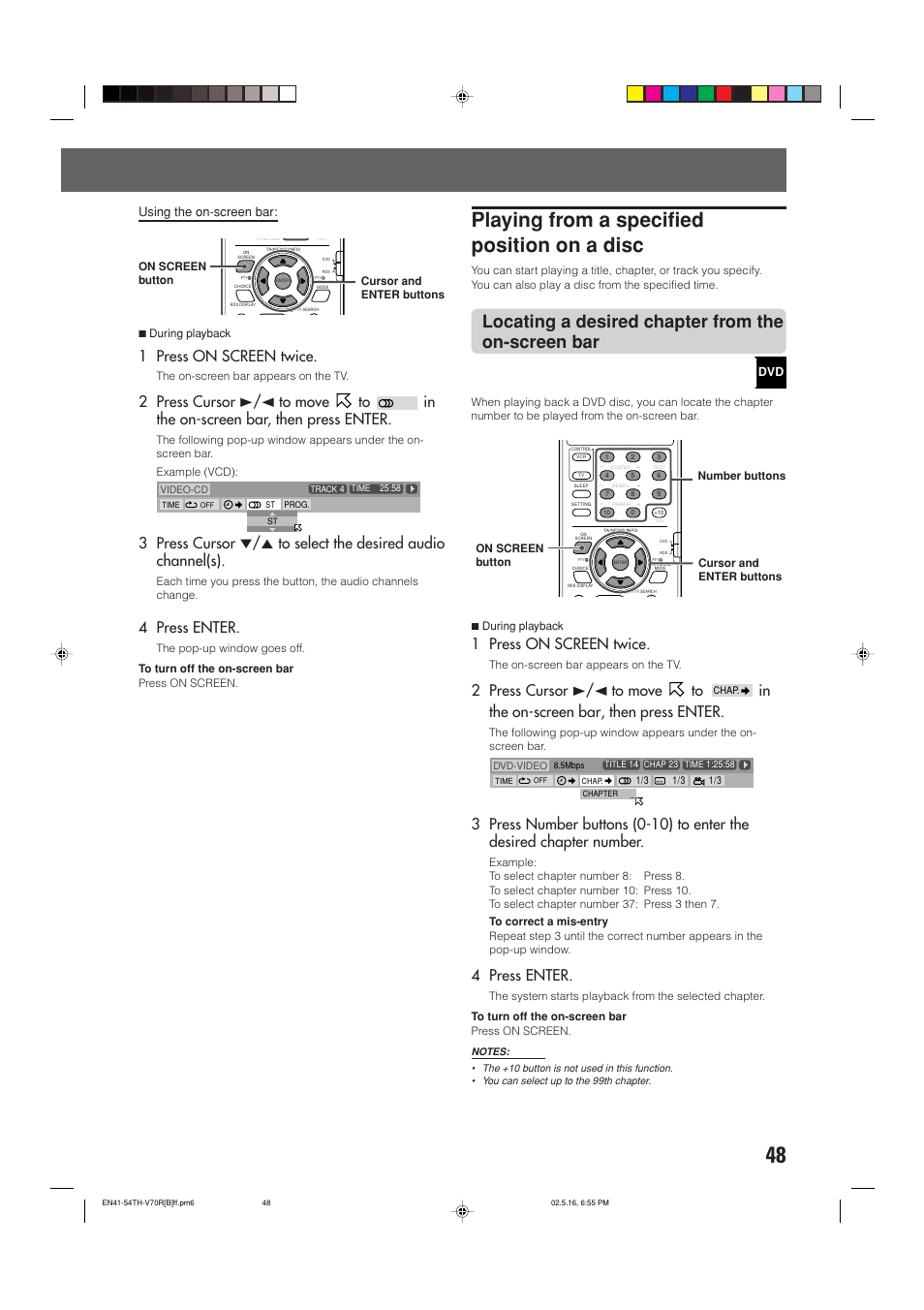 Playing from a specified position on a disc, Locating a desired chapter from the on-screen bar, 1 press on screen twice | 4 press enter, 2 press cursor 3/2 to move to, Using the on-screen bar | JVC TH-V70R User Manual | Page 53 / 84