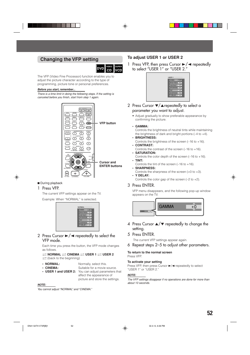 Changing the vfp setting, 0 gamma, 1 press vfp | 3 press enter, 6 repeat steps 2–5 to adjust other parameters | JVC TH-V70R User Manual | Page 57 / 84