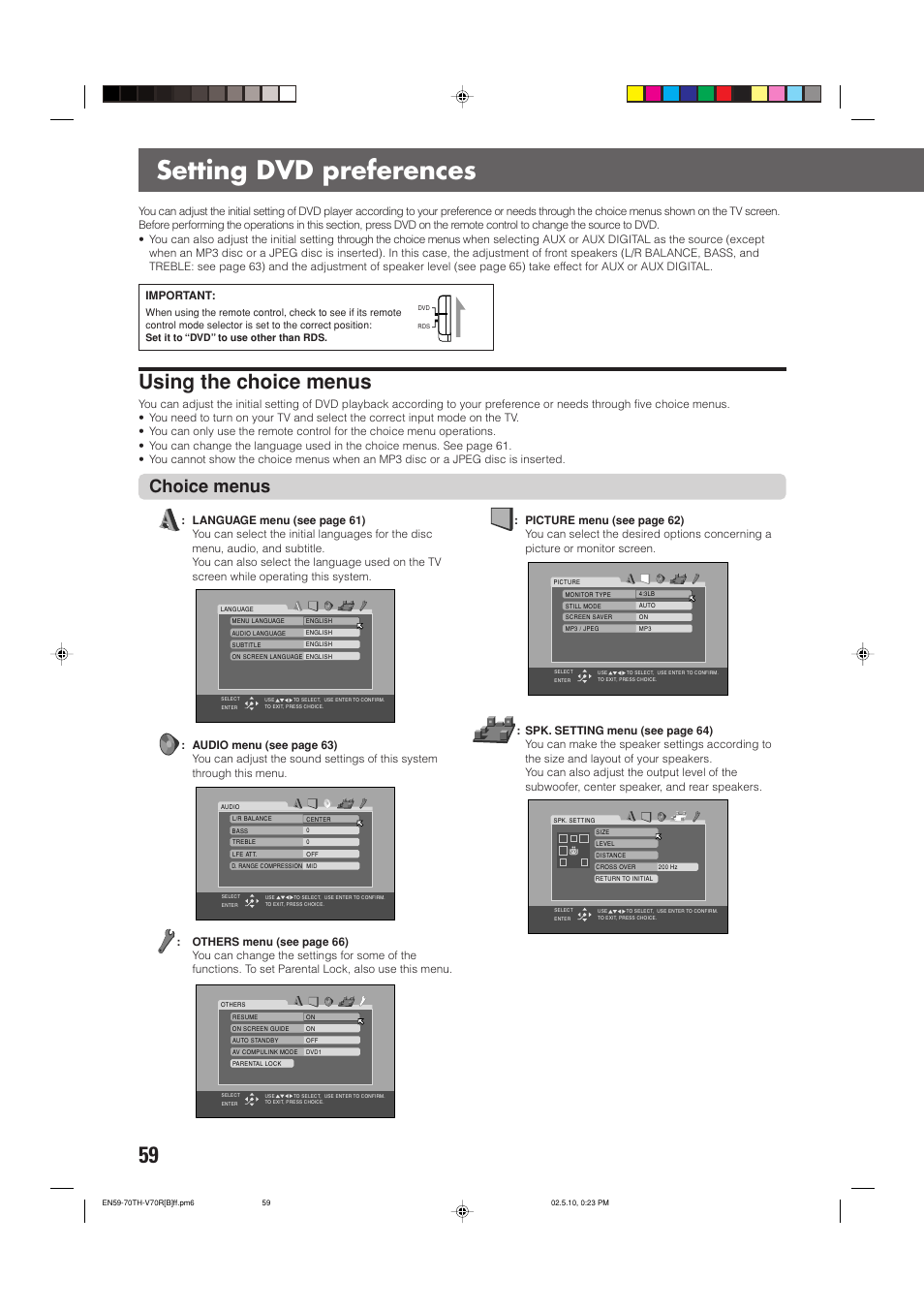 Setting dvd preferences, Using the choice menus, Choice menus | JVC TH-V70R User Manual | Page 64 / 84