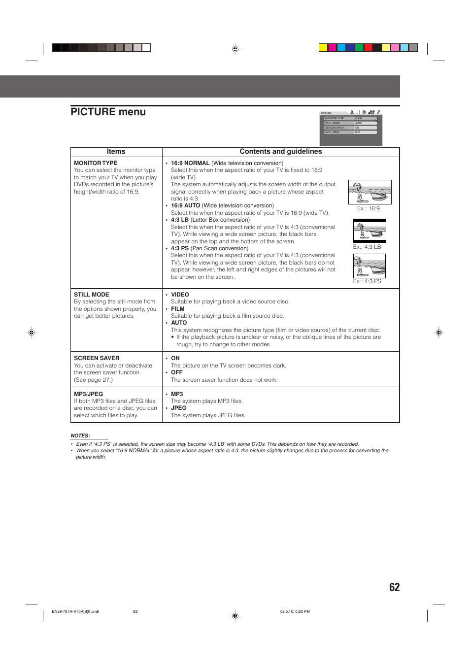 Picture menu, Items, Contents and guidelines | JVC TH-V70R User Manual | Page 67 / 84