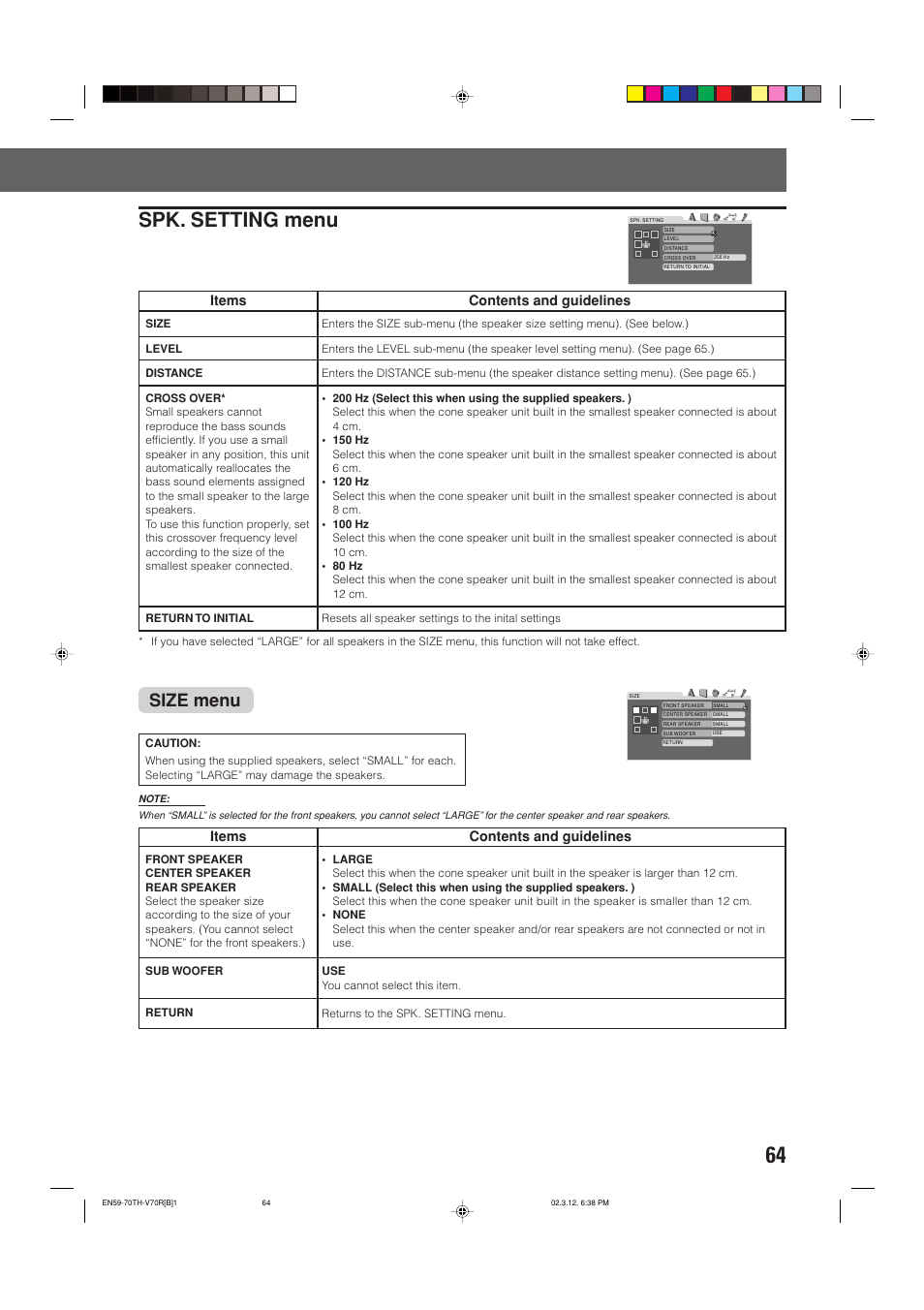 Spk. setting menu, Size menu, Items | Contents and guidelines | JVC TH-V70R User Manual | Page 69 / 84