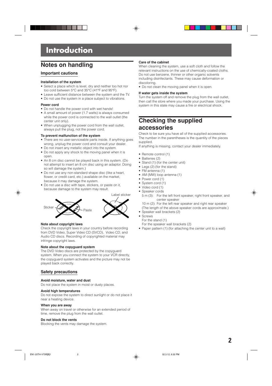 Introduction, Checking the supplied accessories | JVC TH-V70R User Manual | Page 7 / 84