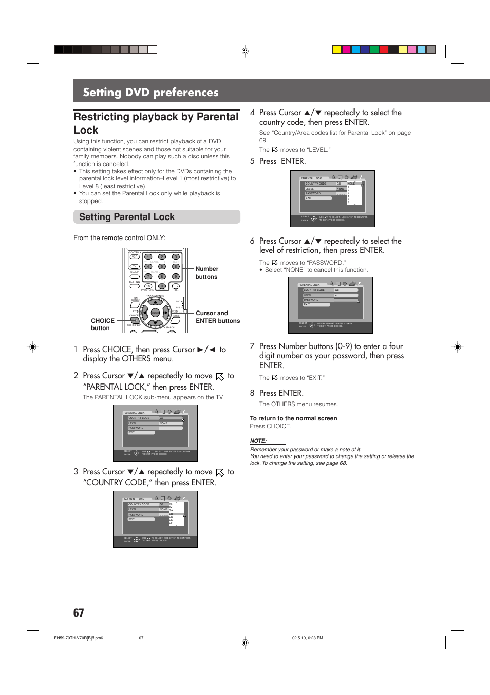 Restricting playback by parental lock, Setting dvd preferences, Setting parental lock | 8 press enter, The parental lock sub-menu appears on the tv, The moves to “exit | JVC TH-V70R User Manual | Page 72 / 84