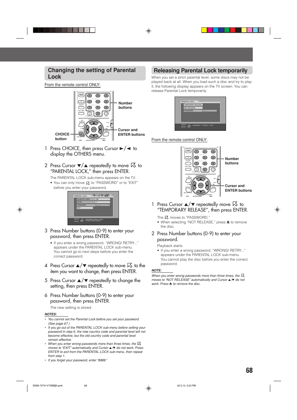 Releasing parental lock temporarily, Changing the setting of parental lock | JVC TH-V70R User Manual | Page 73 / 84