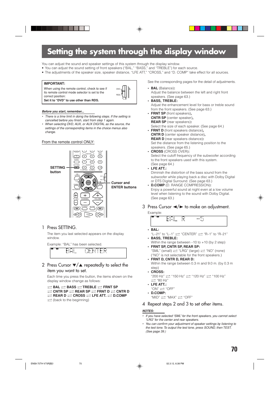 Setting the system through the display window, 1 press setting, 3 press cursor 2/3 to make an adjustment | 4 repeat steps 2 and 3 to set other items | JVC TH-V70R User Manual | Page 75 / 84