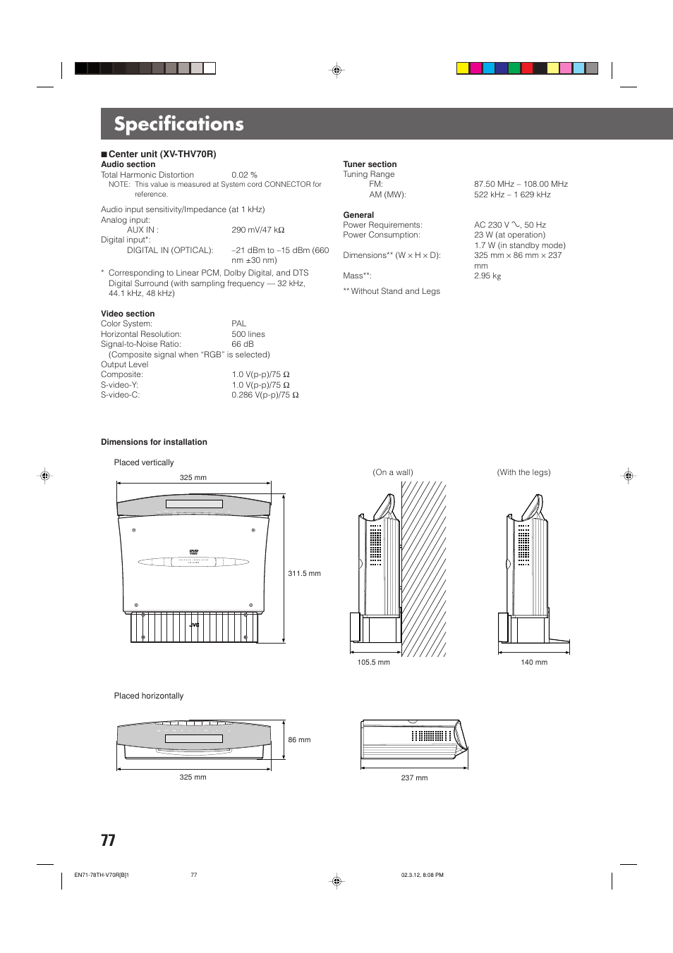 Specifications | JVC TH-V70R User Manual | Page 82 / 84