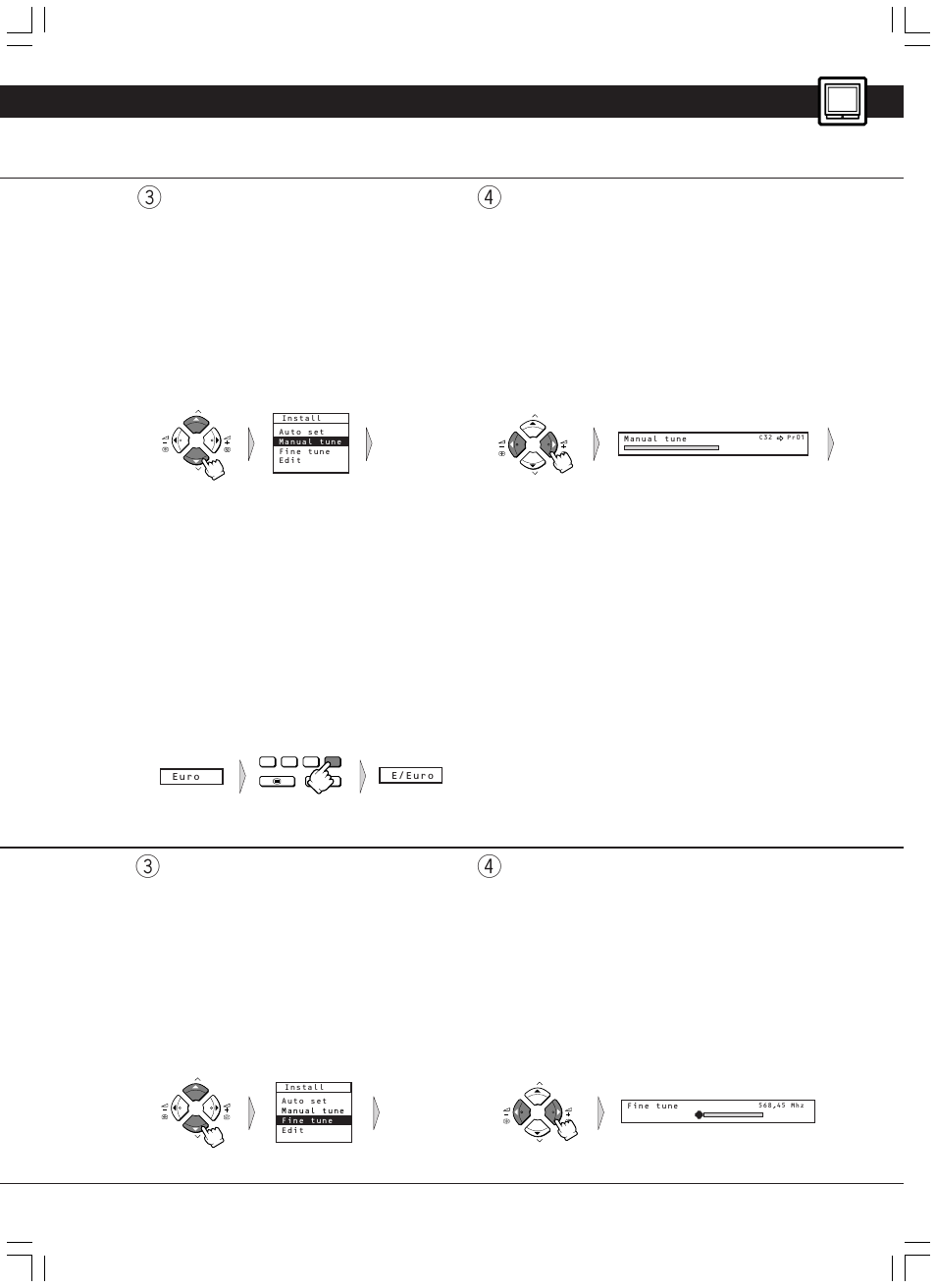 Select manual tune with the up/down buttons, Select fine tune with the up/ down buttons | JVC AV-14JT5EU User Manual | Page 17 / 29