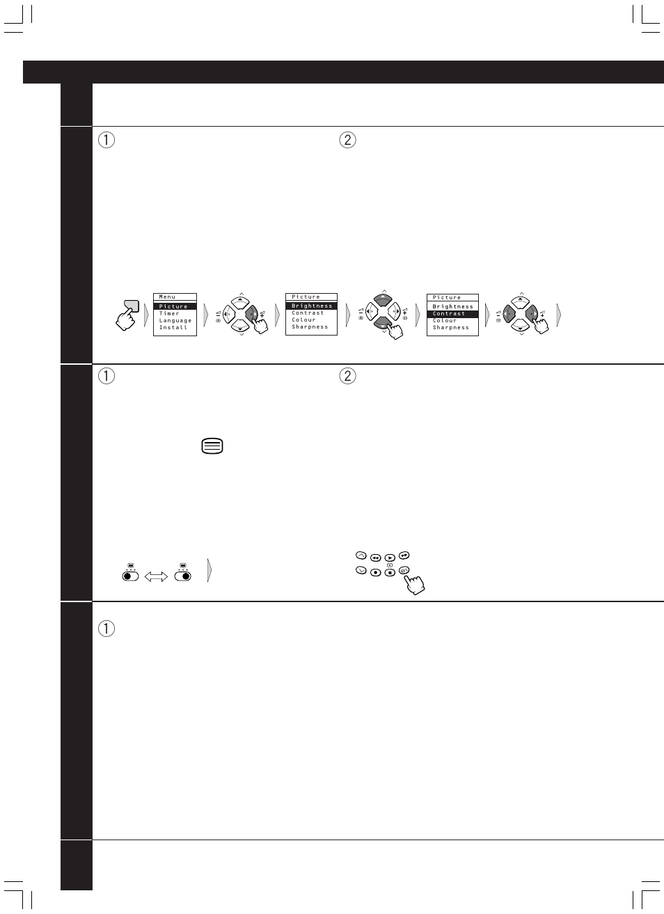 Daily use, Picture adjustment, Press the menu button, then press the right button | Vcr/d vd contr ol b utt ons | JVC AV-14JT5EU User Manual | Page 20 / 29